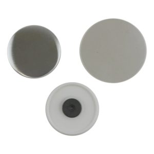 Components for making a 58mm fridge magnet in a badge maker comprising a metal round front, white plastic back with magnet attached and clear plastic mylar film covering