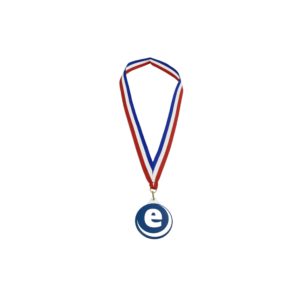 58mm circular medal attached to red white and blue ribbon