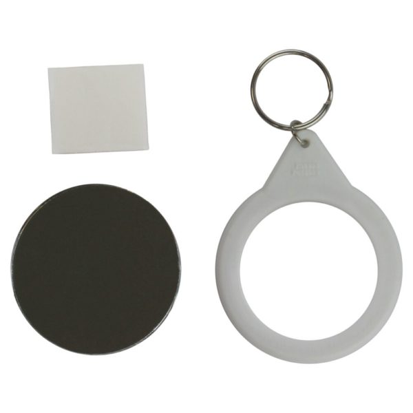 Component parts which make up a 58mm mirror keyring back only including metal front, white plastic keyring with ring attached plus sticky pad